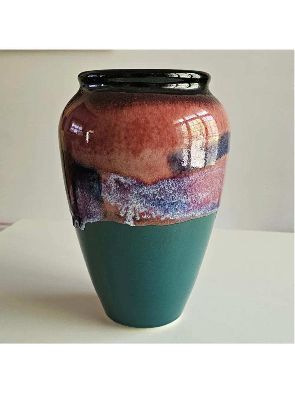 Vintage Studio Pottery Glazed Ceramic Vase - MCM Drip Glaze Teal - Signed 9